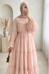 Kolu Lastikli Beli Bağlamalı Katlı Fırfır Detaylı Elbise -Pudra