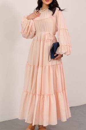 Kolu Lastikli Beli Bağlamalı Katlı Fırfır Detaylı Elbise -Pudra