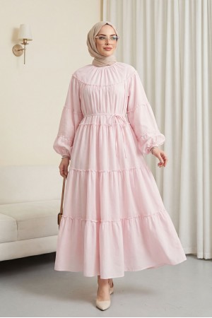Kolu Lastikli Beli Bağlamalı Katlı Fırfır Detaylı Elbise -Pudra
