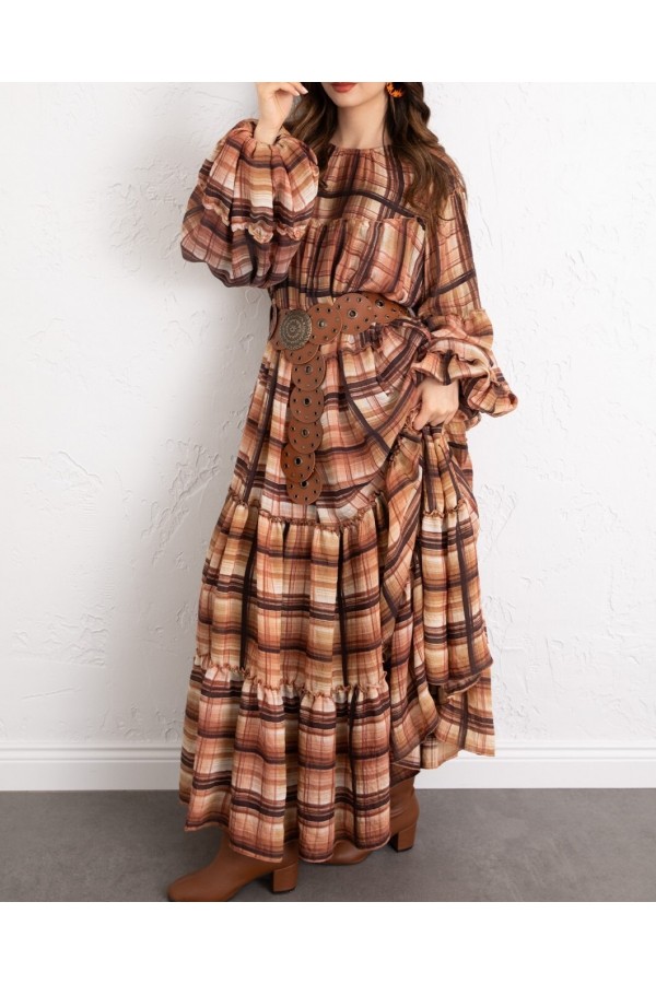 Patterned Dress with Elasticated Sleeves, Tie Waist, and Layered Ruffle Details -Brick color