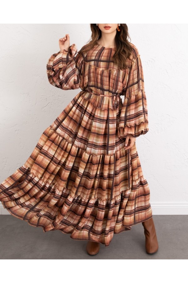Patterned Dress with Elasticated Sleeves, Tie Waist, and Layered Ruffle Details -Brick color