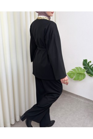 Kemerli Pantolonlu Kimono Takım  -Siyah
