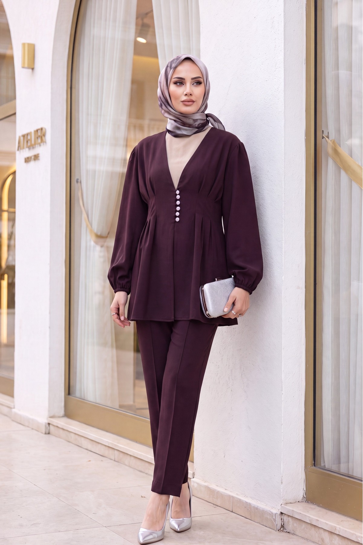 Taşlı Düğmeli Kolu Lastikli Double Pantolonlu Takım  -Koyu Bordo
