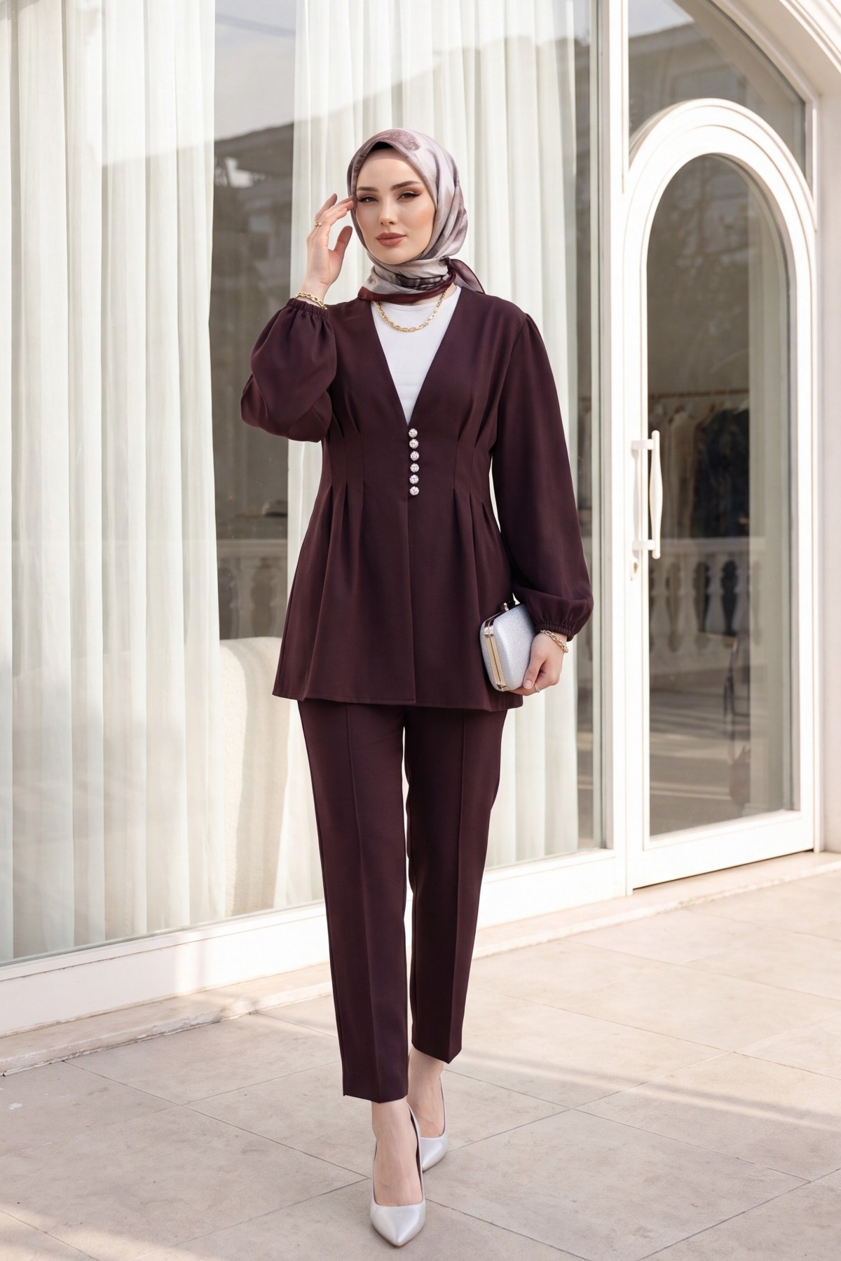 Taşlı Düğmeli Kolu Lastikli Double Pantolonlu Takım  -Koyu Bordo
