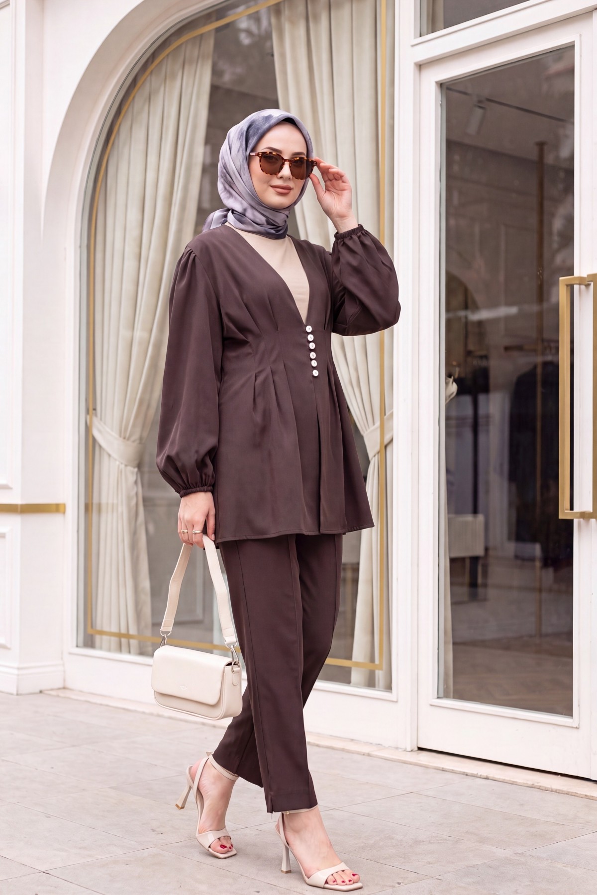 Stone Embellished Buttoned Double Pants Set with Elasticated Cuffs -Dark Coffee