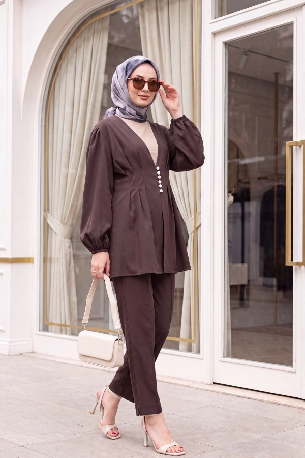Stone Embellished Buttoned Double Pants Set with Elasticated Cuffs -Dark Coffee