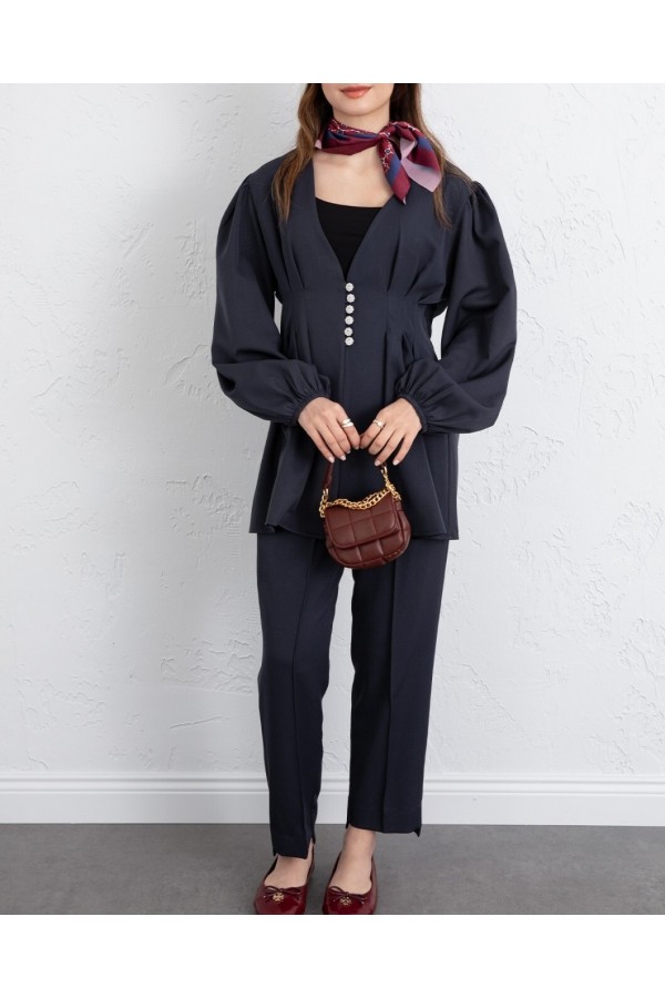 Stone Embellished Buttoned Double Pants Set with Elasticated Cuffs -Navy blue