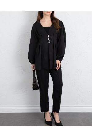 Taşlı Düğmeli Kolu Lastikli Double Pantolonlu Takım  -Siyah