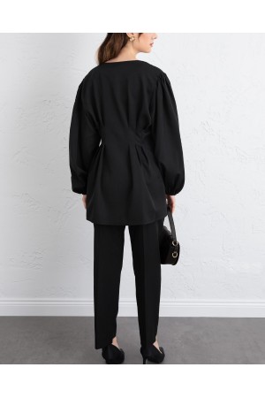 Taşlı Düğmeli Kolu Lastikli Double Pantolonlu Takım  -Siyah