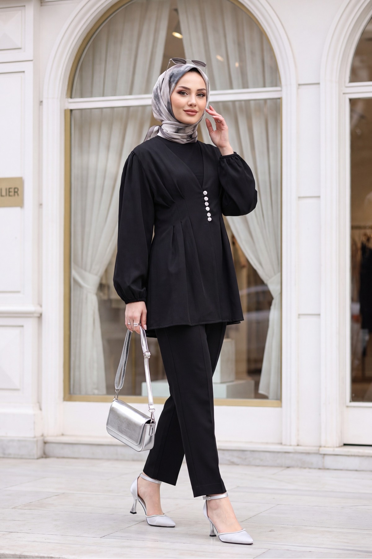 Stone Embellished Buttoned Double Pants Set with Elasticated Cuffs -Black
