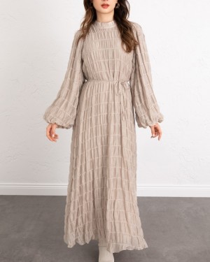 فستان مودال مبطن بأكمام مطاطية -اللون البيج