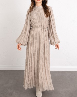 فستان مودال مبطن بأكمام مطاطية -اللون البيج