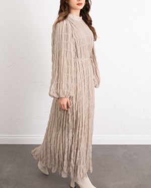 فستان مودال مبطن بأكمام مطاطية -اللون البيج