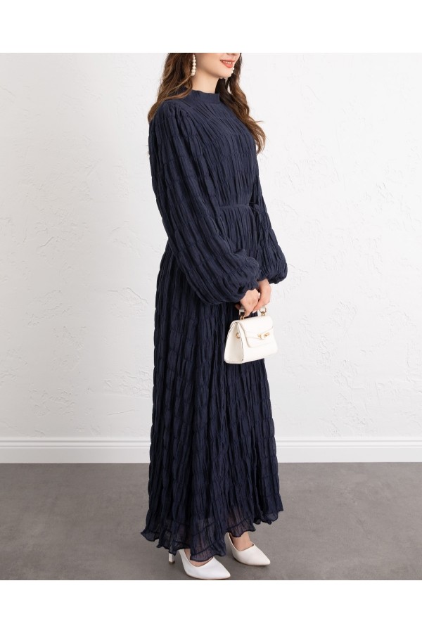 Lined Modal Dress with Elasticated Sleeves -Navy blue