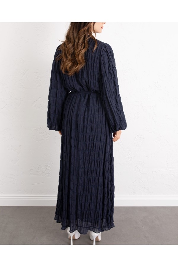 Lined Modal Dress with Elasticated Sleeves -Navy blue