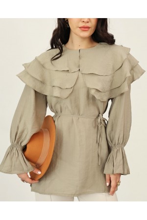 Wide Layered Collar Tunic with Elasticated Cuffs, Tie Waist, and Slit -Khaki