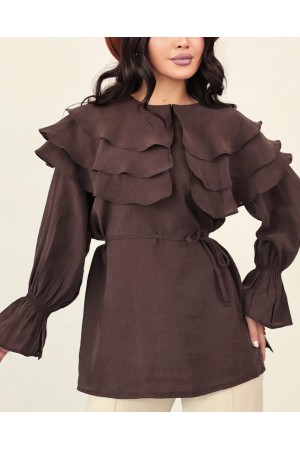 Wide Layered Collar Tunic with Elasticated Cuffs, Tie Waist, and Slit -Brown