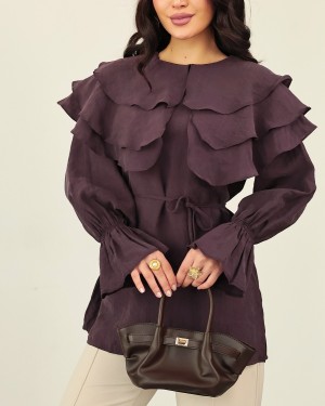 سترة طويلة بياقة عريضة متعددة الطبقات وأساور مطاطية ورباط عند الخصر وفتحة جانبية -لون الخوخ