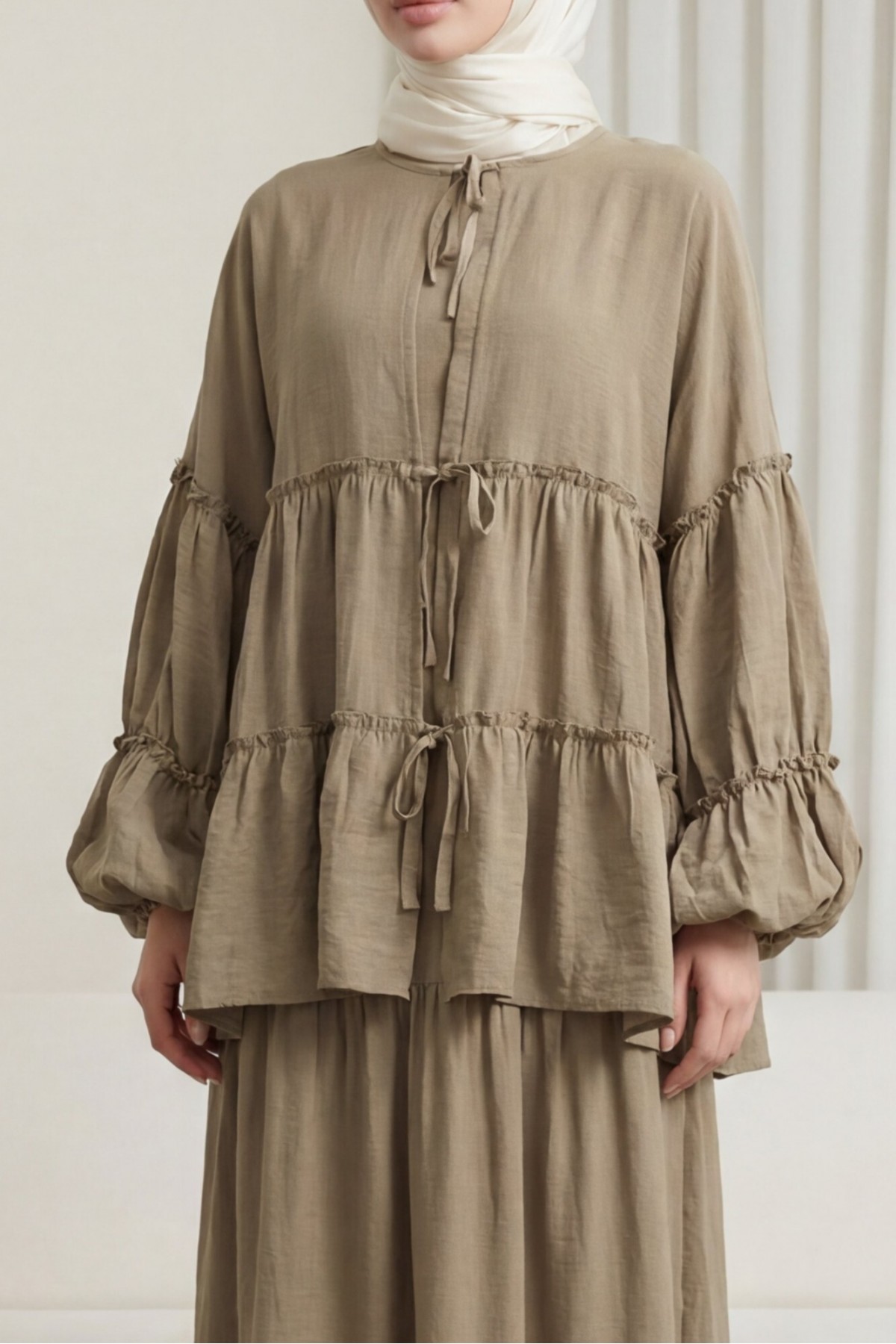 Layered Modal Kimono with Elasticated Sleeves and Tie Front -Khaki