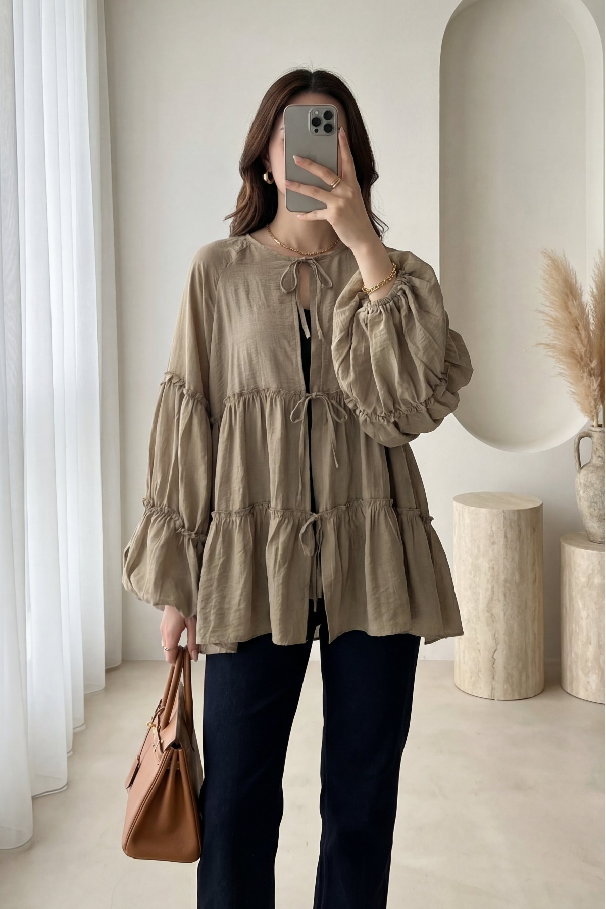 Layered Modal Kimono with Elasticated Sleeves and Tie Front -Khaki