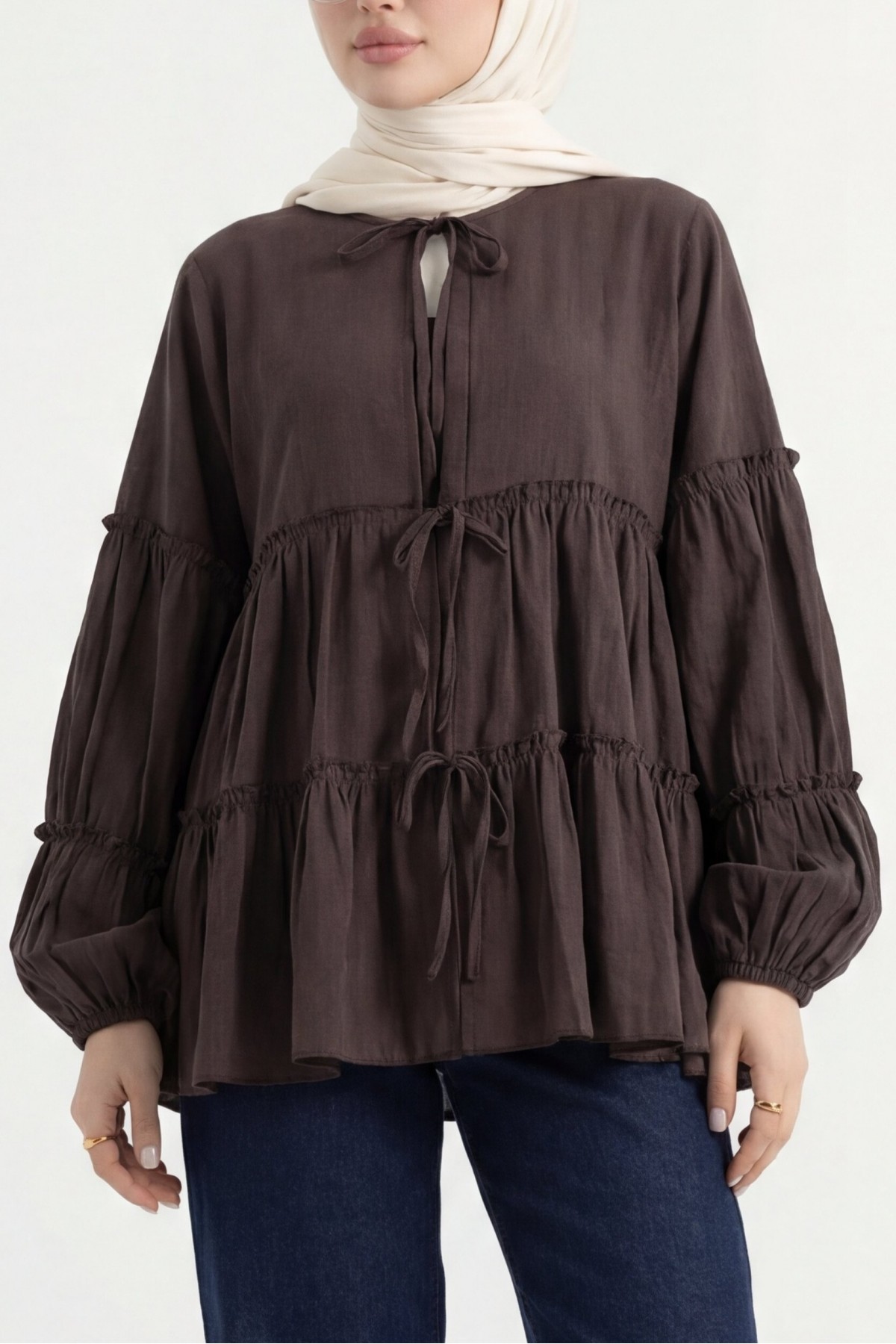 Layered Modal Kimono with Elasticated Sleeves and Tie Front-Brown