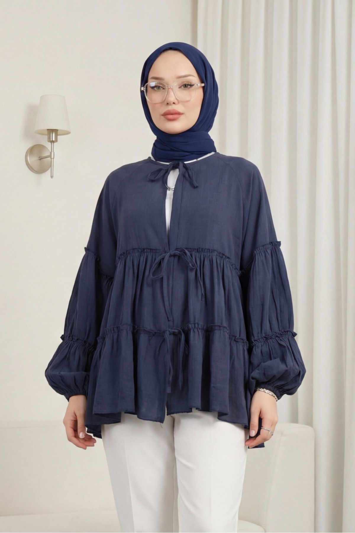 Layered Modal Kimono with Elasticated Sleeves and Tie Front -Navy blue