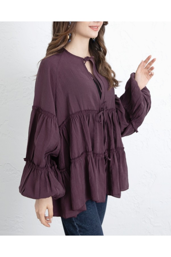 Kolu Lastikli Önü Bağlamalı Katlı Modal Kimono -Mürdüm