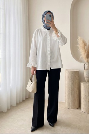 Shirt with Long Back, Long Sleeves and Ruffles at the Front -White