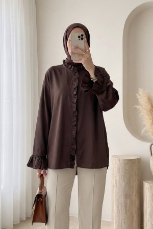 Shirt with Long Back, Long Sleeves and Ruffles at the Front -Dark Coffee