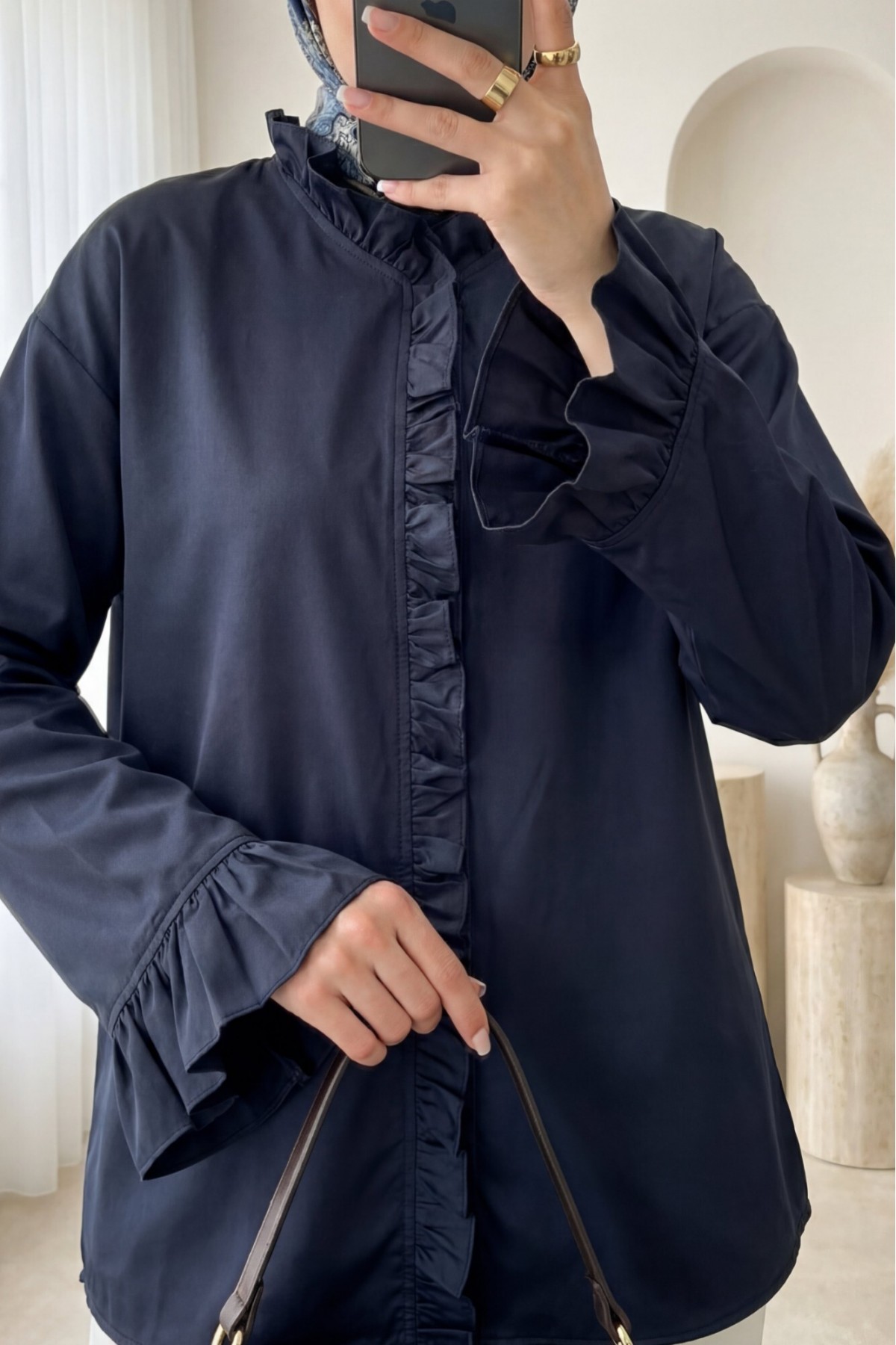 Shirt with Long Back, Long Sleeves and Ruffles at the Front -Navy blue