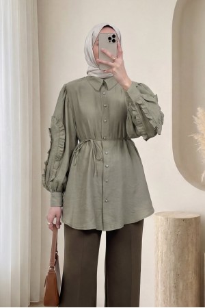 Kolu Fırfırlı Taşlı Düğmeli Bağlamalı Gömlek -Haki