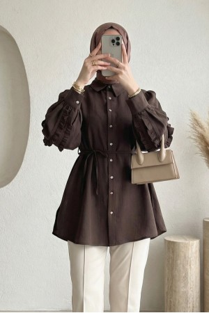 Shirt with Ruffled Sleeves, Rhinestone Embellished Buttons and Tie Closure -Dark Coffee