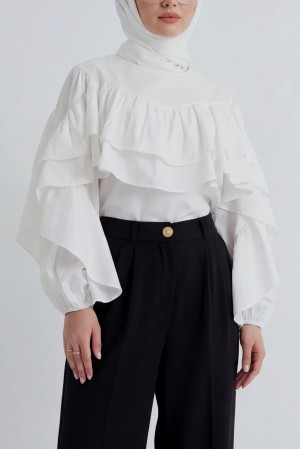 Blouse with Ruffled Sleeves and Elasticated Waist -White