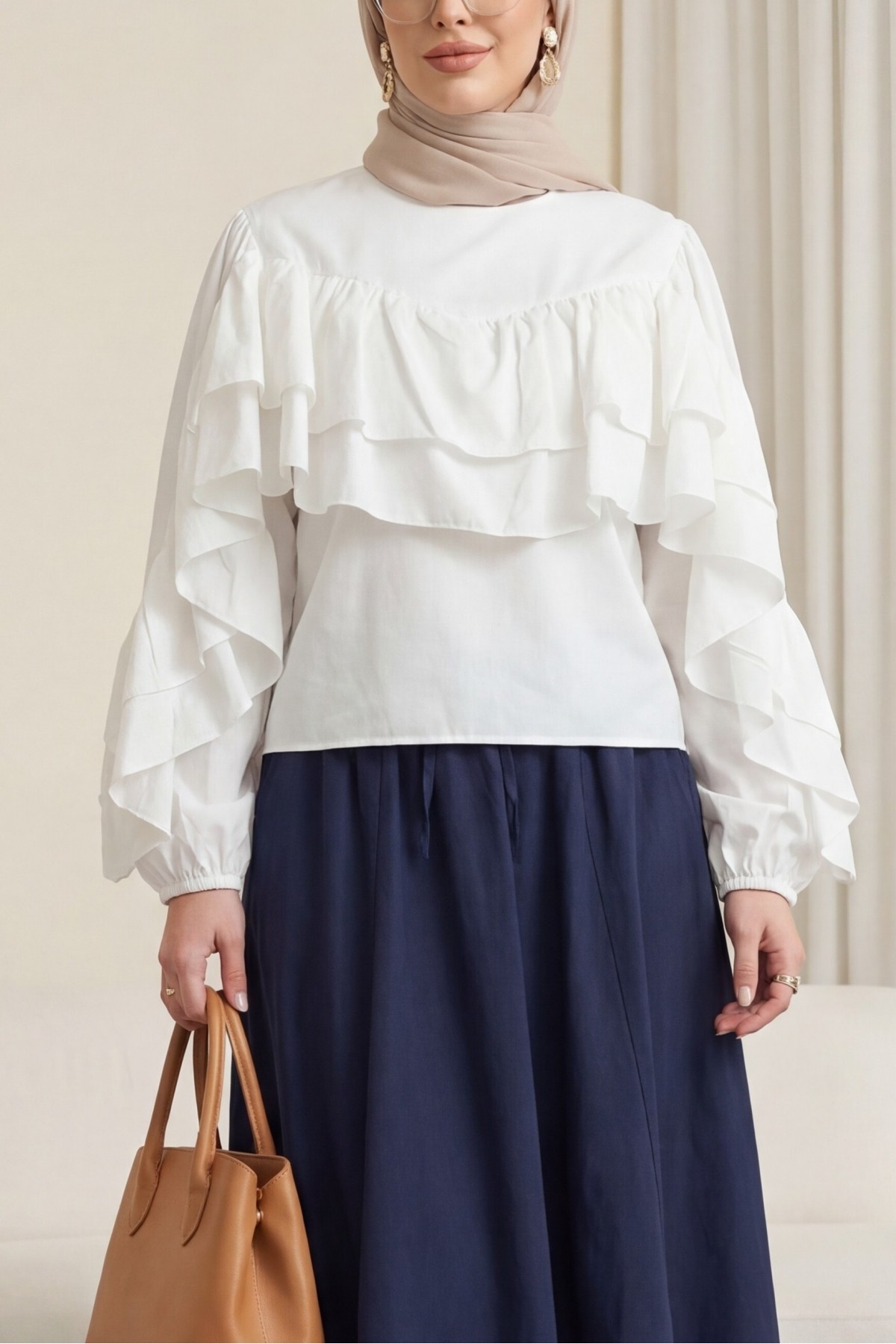 Blouse with Ruffled Sleeves and Elasticated Waist -White