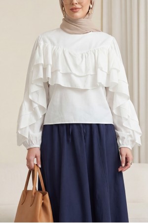 Volanlı Kolu Lastikli Bluz -Beyaz