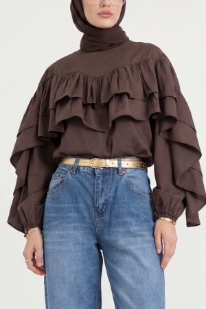 Blouse with Ruffled Sleeves and Elasticated Waist -Dark Coffee