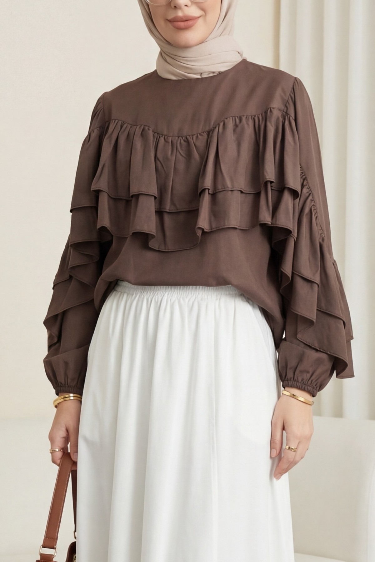 Blouse with Ruffled Sleeves and Elasticated Waist -Dark Coffee