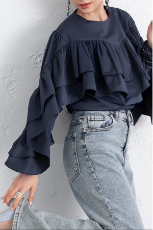 Blouse with Ruffled Sleeves and Elasticated Waist -Navy blue