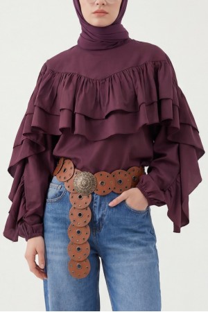Blouse with Ruffled Sleeves and Elasticated Waist -Damson