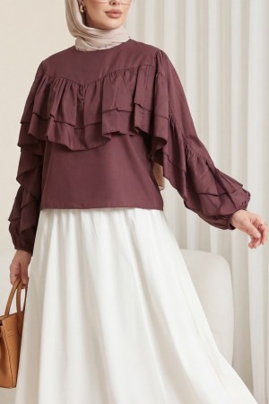 Volanlı Kolu Lastikli Bluz -Mürdüm