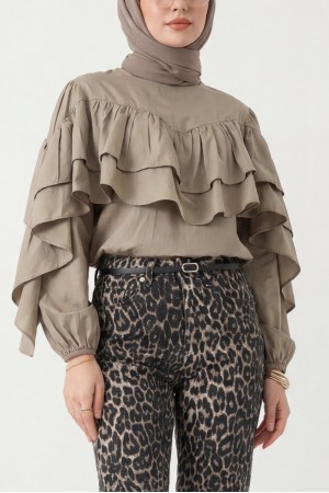 Blouse with Ruffled Sleeves and Elasticated Waist -Mink color