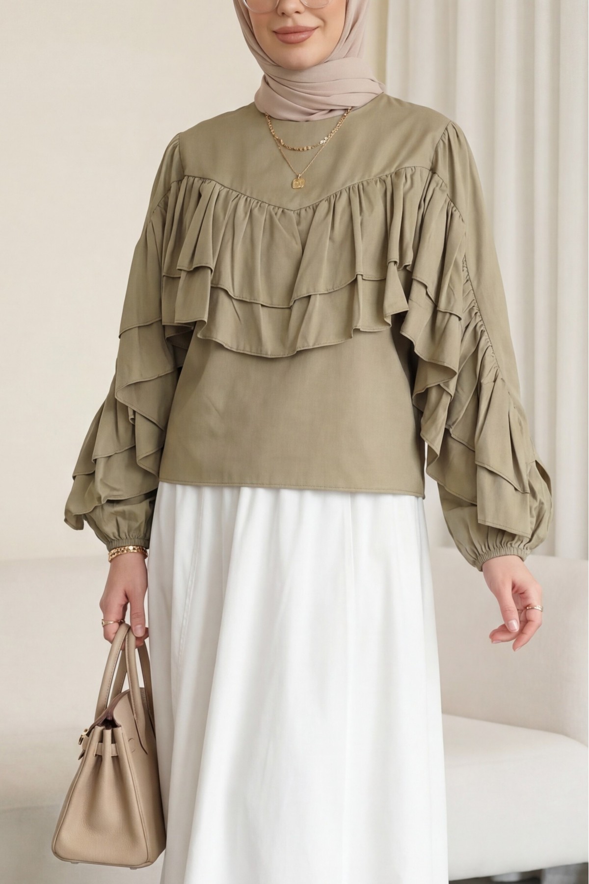 Blouse with Ruffled Sleeves and Elasticated Waist -Mink color