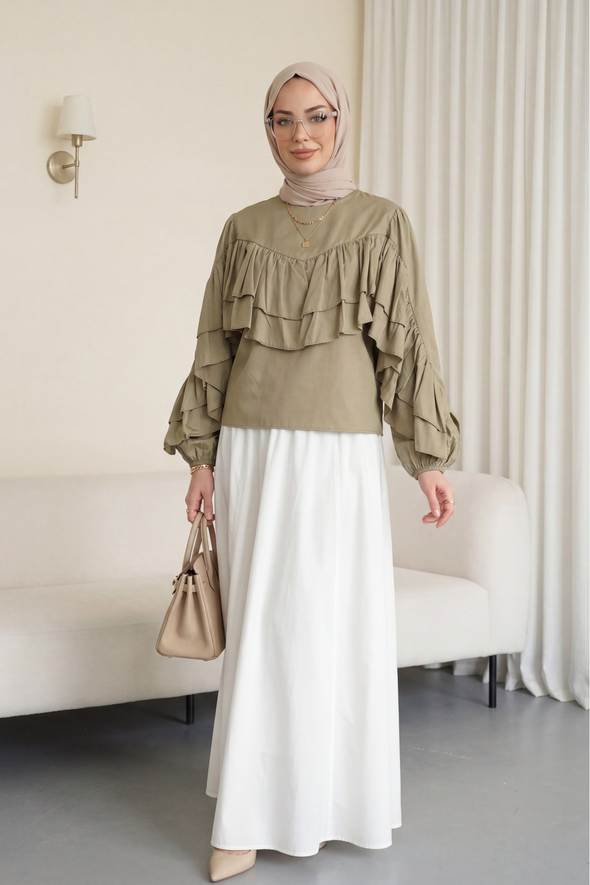 Blouse with Ruffled Sleeves and Elasticated Waist -Mink color