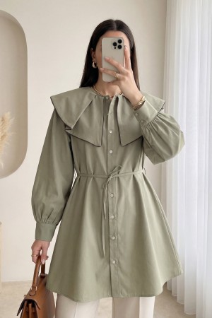 Geniş Yakalı Biyeli Kemerli Düğmeli Gömlek -Vizon