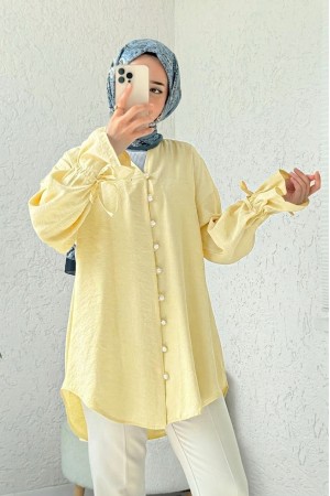 Kolu Bağcıklı Arkası Uzun Düğmeli Gömlek  -Açık Sarı