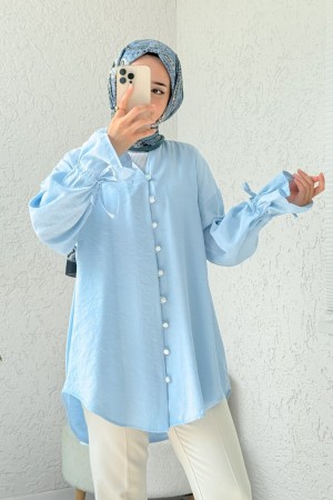 Kolu Bağcıklı Arkası Uzun Düğmeli Gömlek  -Bebe Mavi