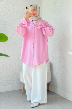 Kolu Bağcıklı Arkası Uzun Düğmeli Gömlek  -Pembe