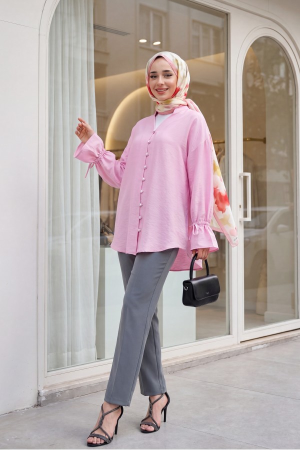 Long Sleeve Laced Back Buttoned Shirt  -Pink