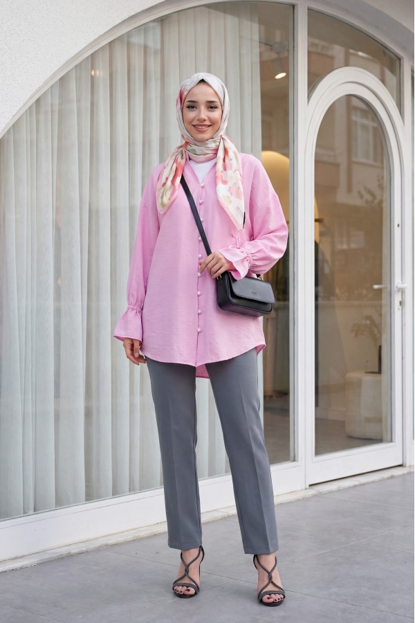 Long Sleeve Laced Back Buttoned Shirt  -Pink