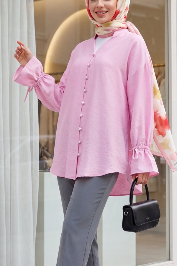 Long Sleeve Laced Back Buttoned Shirt  -Pink